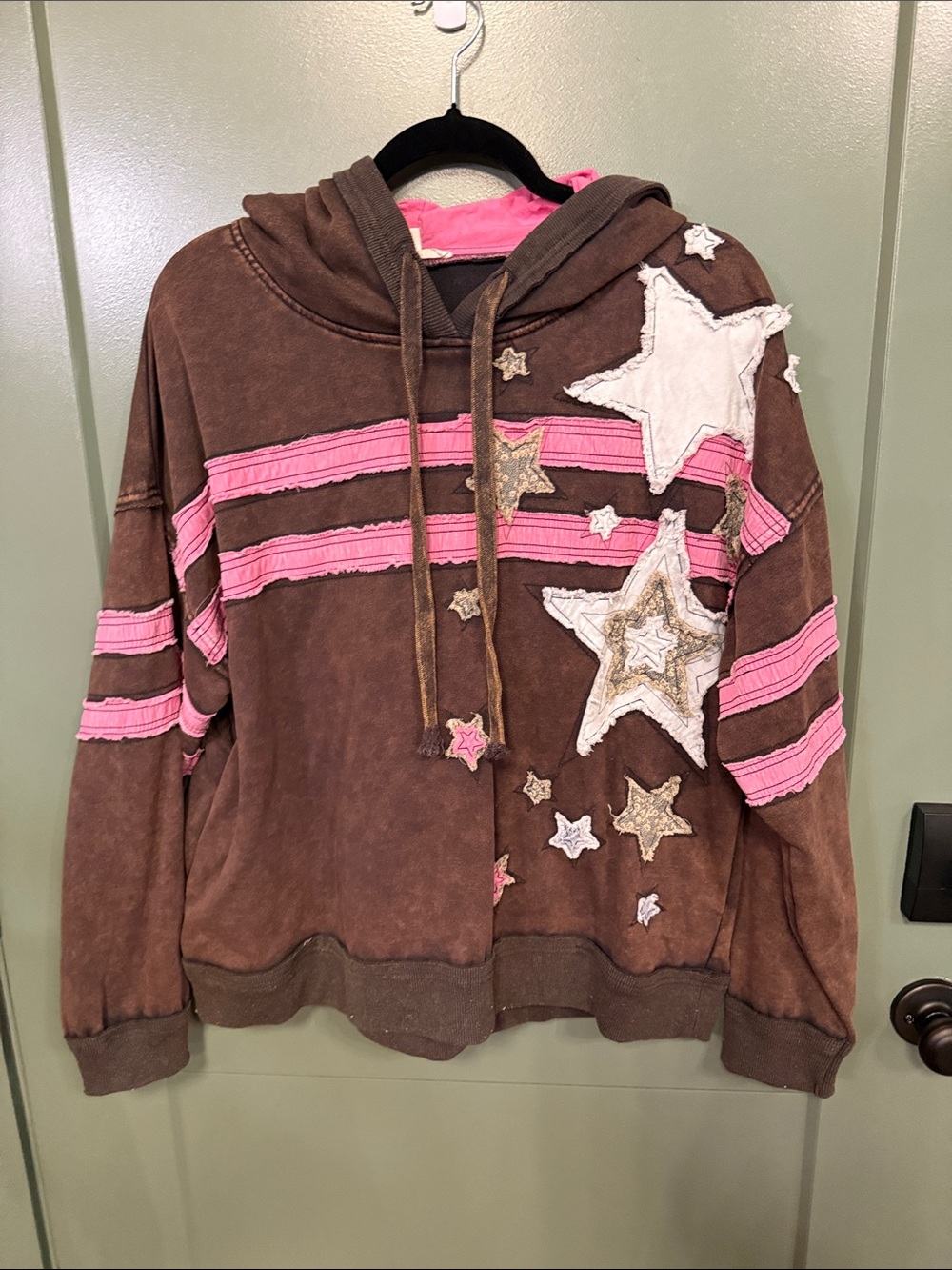 Oli & Hali Brown Hoodie with Pink Stripes & Star Appliqués
